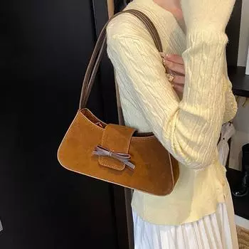 Сумка подмышкой из нубуковой кожи в стиле ретро для женщин, осень-зима, большая вместимость, бархатные сумки на одно плечо с французским бантом