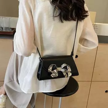 Сумка подмышкой с металлической текстурой и бантом, женская, новая, высокого класса, модная, через плечо, универсальная, маленькая, квадратная сумка на одно плечо (20cm<Max Length<30cm)