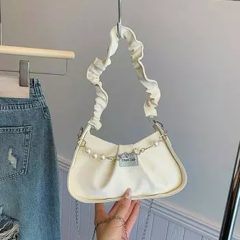 Сумка подмышкой женская летняя нишевая бархатная текстура плиссированная сумка-облако на цепочке бежевый