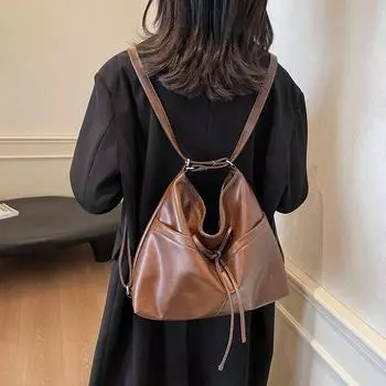 Сумка подмышку в стиле ретро с простой текстурой, женский рюкзак Tide, большая вместимость, сумка-ведро, многофункциональный рюкзак коричневый