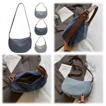 Сумка-полумесяц из денима с бриллиантами, женская сумка через плечо с регулируемым ремешком, модная дорожная сумка-шоппер Style 1