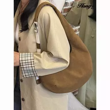 Сумка-полумесяц из замши в стиле ретро, новая высококачественная нишевая портативная сумка через плечо, вместительная сумка-тоут. коричневый