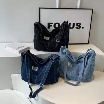 Сумка-портфель из джинсовой ткани унисекс для отдыха с боковым карманом, прочная модная сумка через плечо для поездок на работу и обратно чёрный