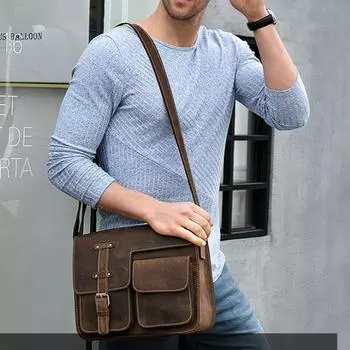 Сумка-портфель из натуральной кожи Crazy Horse для мальчиков в стиле ретро, большая вместительная сумка с косым поперечным креплением, средняя сумка чёрный