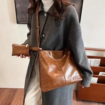 Сумка премиум-класса большой вместимости Женская модная сумка-тоут Повседневная сумка через плечо Простая сумка-ведро коричневый