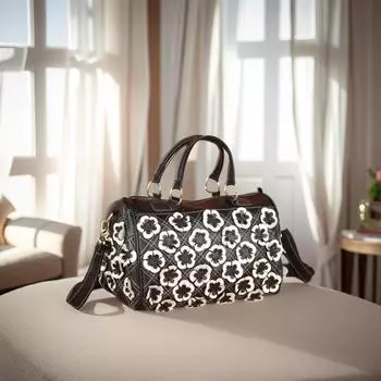 Сумка ручной работы из натуральной кожи на плечо с цветочной строчкой, повседневная сумка через плечо для женщин, контрастная черная и белая мода