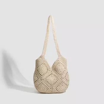 Сумка ручной работы, повседневная, вместительная, сумка на одно плечо, вязаная крючком сумка для пляжа и отпуска на пляже бежевый