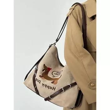 Сумка-рюкзак с вышитым рисунком таксы, женская, осенне-зимняя, новая, вместительная, сумка-тоут в стиле ретро через плечо, сумка-мессенджер для поездок на работу коричневый