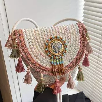 Сумка с бахромой в стиле бохо, женская плетеная сумка в этническом стиле, сумка для телефона через плечо в морском стиле хаки