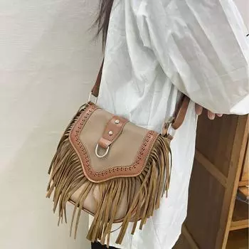 Сумка с кисточками в стиле ретро, женская модная сумка через плечо, повседневная сумка-седло с кисточками светло-коричневого