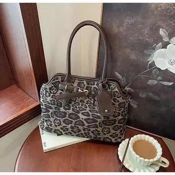 Сумка с леопардовым принтом, женская, большой емкости, новинка 2024 года, осень-зима, ретро, сумка через плечо, платиновая, универсальная сумка-тоут для поездок на работу коричневый