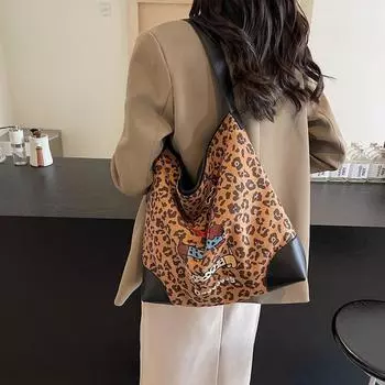 Сумка с леопардовым принтом, женская сумка через плечо, большая вместительная сумка-тоут коричневый