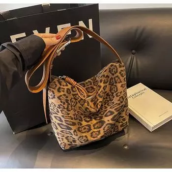 Сумка с леопардовым принтом женская сумка-тоут большой вместимости осень-зима 2024 новая повседневная ретро сумка для поездок на работу коричневый