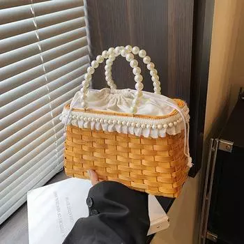 Сумка с плетением из лозы, летняя, новая, ручная сумка в стиле ретро, жемчужная, женская сумка, цепочка, диагональная, сумка для телефона