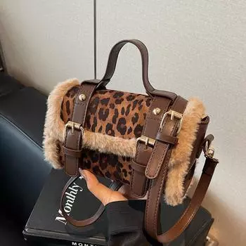 Сумка с плюшевым леопардовым принтом, женская осенне-зимняя новая ретро-сумка небольшого размера, высококачественная универсальная сумка-мессенджер коричневый