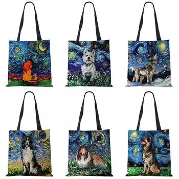 Сумка с принтом звездного неба и собак, женская большая сумка-тоут, женская повседневная сумка для покупок на открытом воздухе