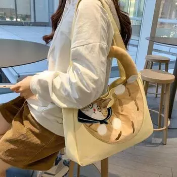 Сумка с рисунком животного из искусственной кожи в корейском стиле, повседневная сумка-тоут, милая сумка с изображением мультяшного кота на плечо для улицы белый