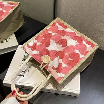 Сумка с узором «Любовь», женская льняная сумка на пуговицах и молнии, портативная сумка для покупок большой вместимости, дорожная сумка для хранения продуктов с ручкой