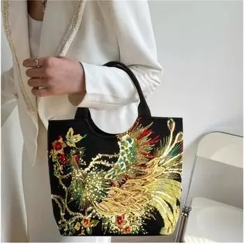 Сумка с вышивкой пайетками. Большая вместительная сумка через плечо с вышивкой павлина. Элегантный этнический стиль. Холщовая ткань.