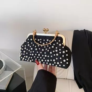 Сумка с жемчужной цепочкой женская 2024 новая текстурированная сумка через плечо женская сумка ципао сумка-мессенджер с зажимом для ужина чёрный