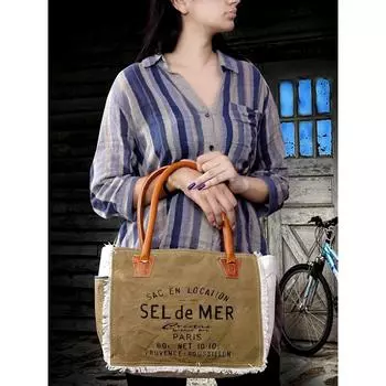 Сумка Sel De Mer из переработанного холста Большая сумка из переработанного холста и воловьей кожи, сумка из переработанного холста и воловьей кожи 13 x 5 x 10 in