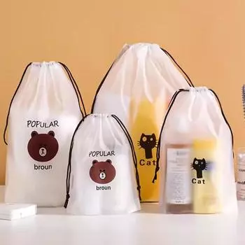Сумка-шнурок с затянутым шнурком для обуви из матового полиэтилена с карманом в виде медведя из мультфильма, пластиковый пакет для хранения полотенец для лица 16*20