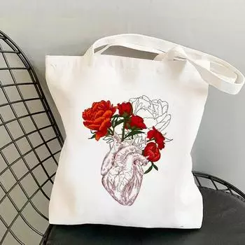 Сумка-шоппер Человеческое сердце с цветами с принтом женская сумка-шоппер Harajuku сумка-шоппер для девочек Сумка для покупок на плечо Леди Холщовая сумка 24*26cm