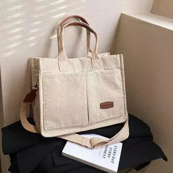 Сумка-шоппер с нашивкой в виде буквы, стильная льняная сумка для покупок в школу бежевый