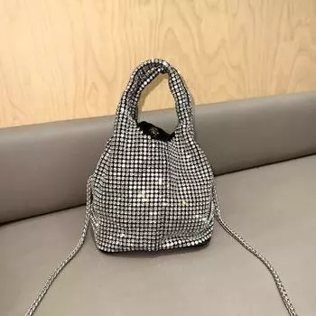 Сумка со стразами, жесткое дно, стильный качественный жилет, сумка-ведро, сумка на цепочке, кошелек для ужина серебряный