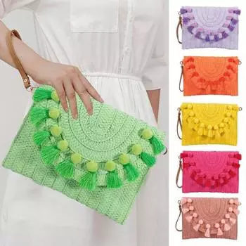 Сумка Соломенная сумка через плечо Пляжная сумка ручной работы Большая вместительная Соломенная сумка через плечо с магнитной застежкой Плетеный конверт Кошелек с регулируемым плечом розы красного