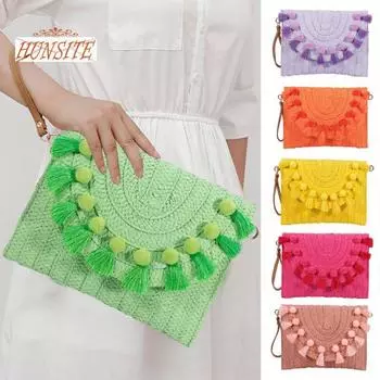 Сумка Соломенная сумка через плечо Пляжная сумка ручной работы Большой вместительности Соломенная сумка через плечо с магнитной застежкой Плетеный конверт Кошелек с регулируемым плечевым ремнем оранжевый