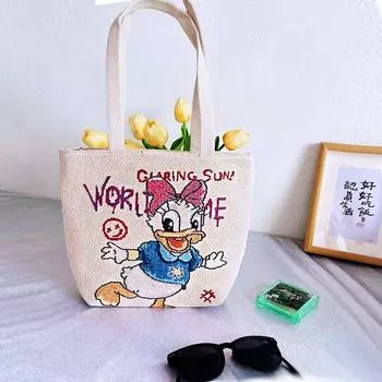 Сумка среднего и малого размера Рабочая сумка Женские сумки Двусторонняя парусиновая вышитая сумка через плечо Женская сумка для стакана с водой, зонта, ланч-бокса Daisy