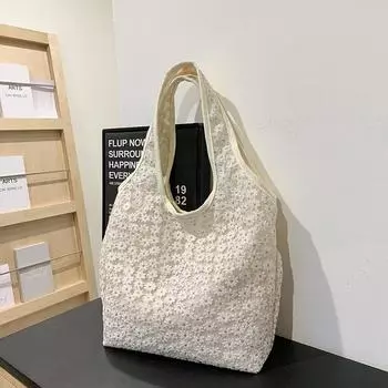 Сумка-сумка большого объема для женщин 2024 года, весна-лето, новая простая сумка через плечо с кружевом и цветочным принтом белый