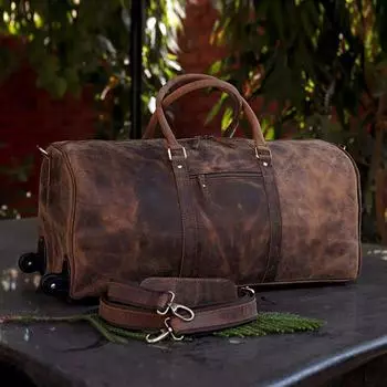 Сумка-тележка из натуральной кожи ручной работы, мужская дорожная сумка на колесах, ручная кладь, сумка для ночлега, рождественский подарок для мужчин и женщин 24 x 13 x 13 in