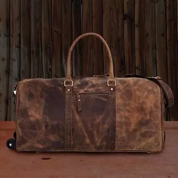 Сумка-тележка из натуральной кожи ручной работы, мужская дорожная сумка на колесах, ручная кладь, сумка для ночлега, рождественский подарок для мужчин и женщин 24 x 13 x 13 in