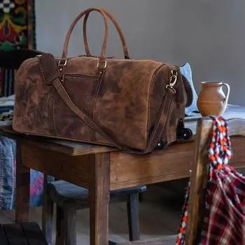 Сумка-тележка из натуральной кожи ручной работы, мужская дорожная сумка на колесах, ручная кладь, сумка для ночлега, рождественский подарок для мужчин и женщин 24 x 13 x 13 in