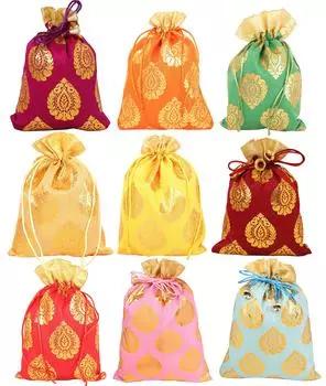 Сумка Touchstone Drawstring Bag, традиционная индийская, ручной работы, из парчи с узором из листьев фикуса, подарочные украшения, свадебный сладкий набор из 9 штук, яркий
