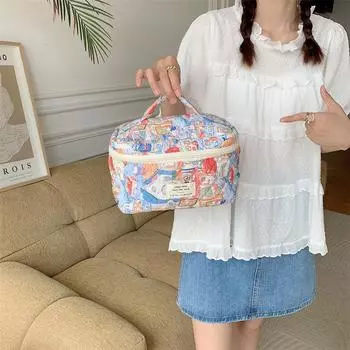 Сумка-тоут большой емкости, косметичка в полоску, в горошек, для хранения, портативная, стеганая, хлопковая, с милым цветком, Ins, для путешествий, для студентов