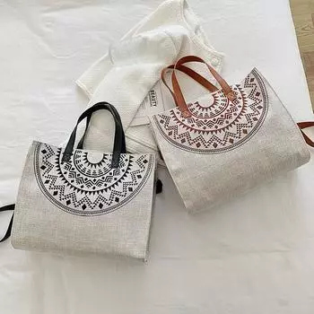 Сумка-тоут большой емкости в стиле ретро-этнического стиля, новая женская персонализированная сумка через плечо с принтом на молнии, модная универсальная сумка (30cm<Max Length<50cm)