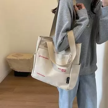 Сумка-тоут большой емкости, женская сумка с вышивкой из холста, студенческая сумка на плечо бежевый