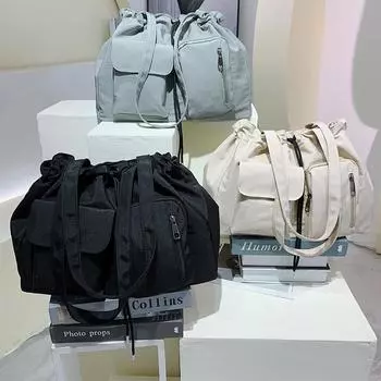 Сумка-тоут большой вместимости с завязками на шнурке для женщин, студентов колледжа, для поездок на работу, на одно плечо, через плечо, ручная холщовая сумка-ведро