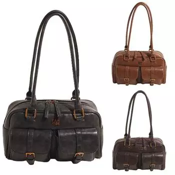 Сумка-тоут Boston для женщин с несколькими карманами, сумка под мышкой, винтажный однотонный клатч из искусственной кожи для путешествий и работы чёрный