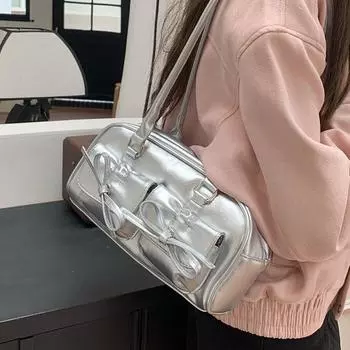 Сумка-тоут через плечо с бантом, женская рождественская сумка-подушка, сумка для боулинга, стильная сумка для поездок на работу серебряный