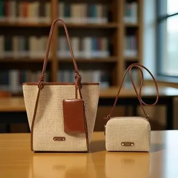 Сумка-тоут Chio2n Lyon в южном стиле, женская летняя большой вместимости для работы, соломенная сумка через плечо, комбинированная большая сумка Straw Brown