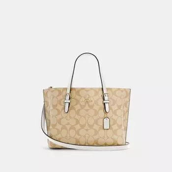 Сумка-тоут Coach Mollie 25 из канвы Signature цвета светло-хаки и золотистого цвета с мелом