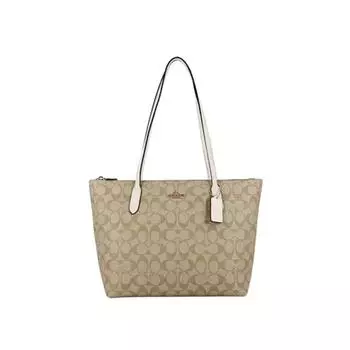 Сумка-тоут COACH Zip Top 30 Monogram Canvas с кожаной сумкой-тоут Сумка-тоут Сумка-тоут Сумка-тоут Сумка-тоут Большая женская белая с коричневой монограммой
