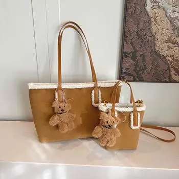 Сумка-тоут Commuter большой емкости для женщин, осенне-зимняя сумка-ведро из матовой овечьей шерсти в стиле ретро, сумка-мессенджер Small without pendant: 13 * 8 * 21 хаки