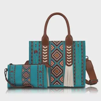 Сумка-тоут для матери и ребенка из холста с кисточками в богемном этническом стиле - большая вместимость 27*11.5*22 cm бирюзовый