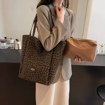 Сумка-тоут для студентов, женская сумка через плечо с леопардовым принтом, винтажная сумка-ведро для поездок на работу Large Leopard кофейный