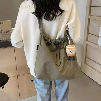 Сумка-тоут для женщин, легкий нейлон с подвеской в виде куклы-ведра, завязками на шнурке, не сминается, и магнитной застежкой, сумка через плечо для ежедневного использования